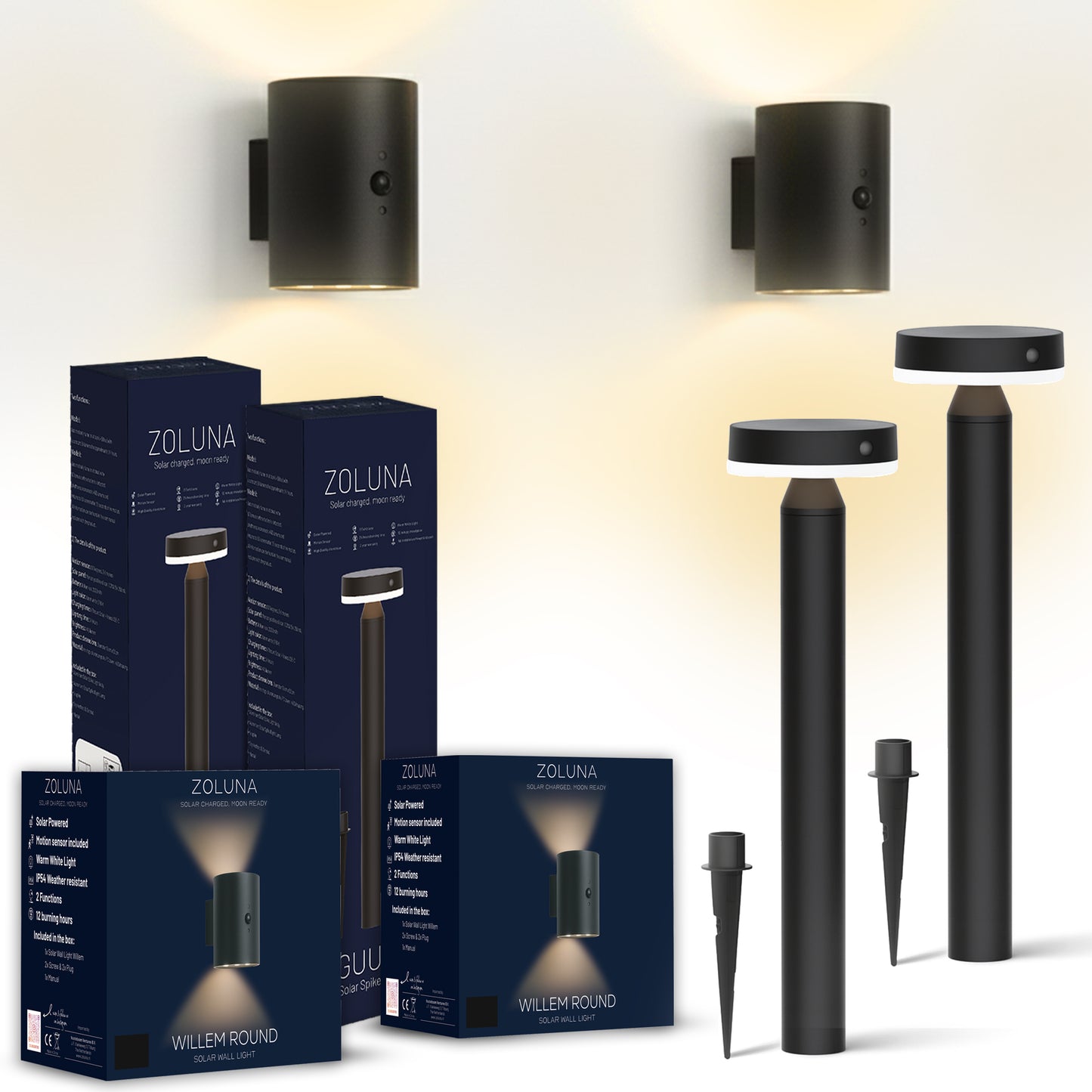 2x Solar Priklamp GUUS 2x Solar Wandlamp Willem Rond