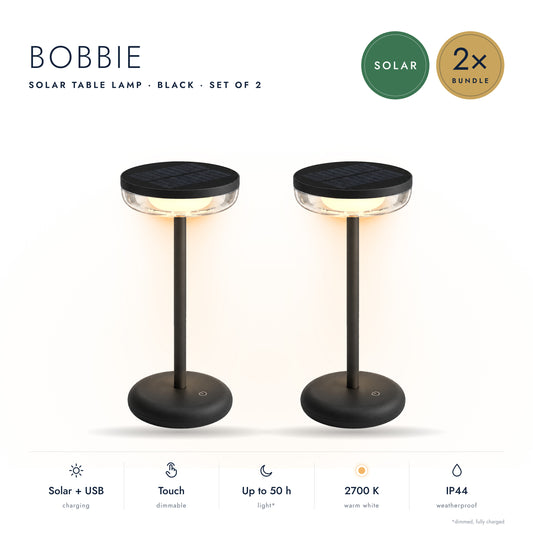 2 Delige set: Solar Tafellamp Bobbie Zwart - Oplaadbaar