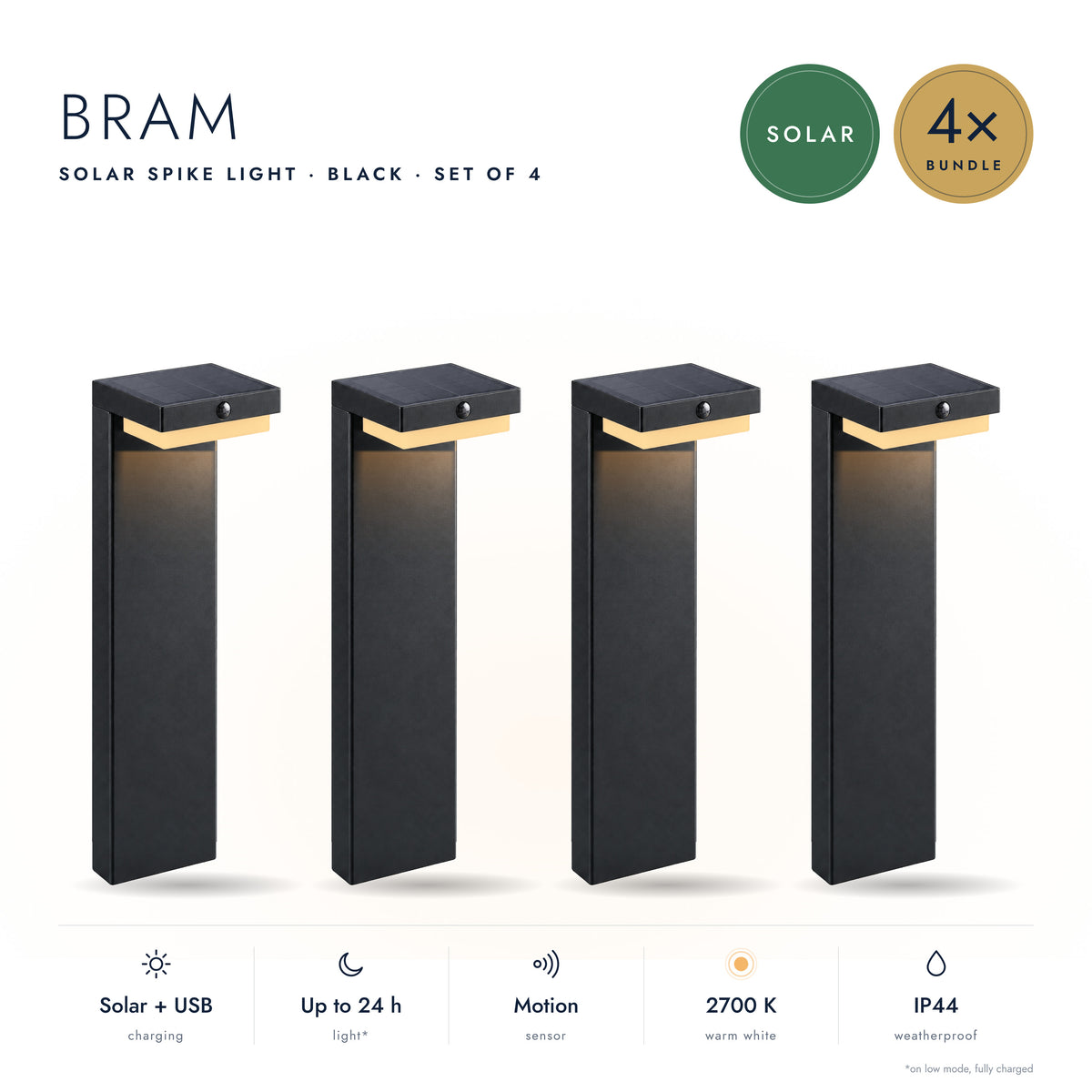 4-Delige Set: Solar Priklamp BRAM - USB Oplaadbaar