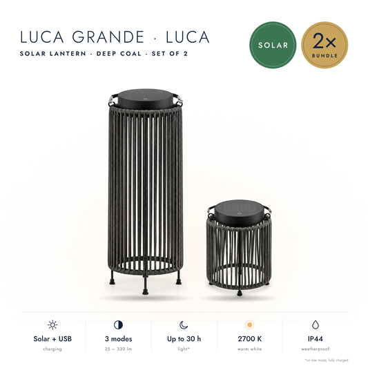 2-Delige Set: Solar Lantaarn LUCA Grande & LUCA Deep Coal