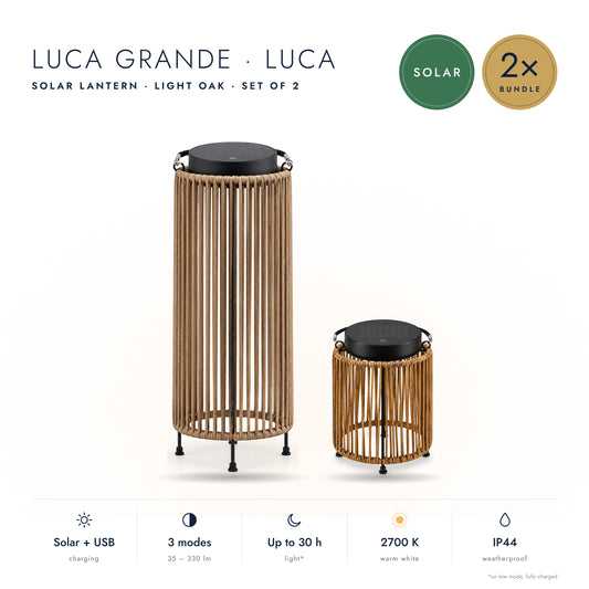 2-Delige Set: Solar Lantaarn LUCA Grande & LUCA Light Oak