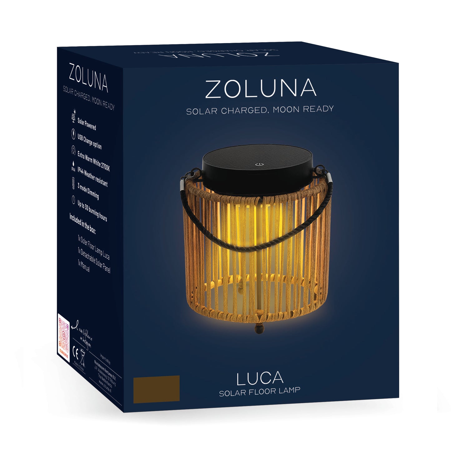Solar Floor Lamp Luca Light Oak | USB Rechargeable - Dimmable - Up to 30 Hours Burn Time