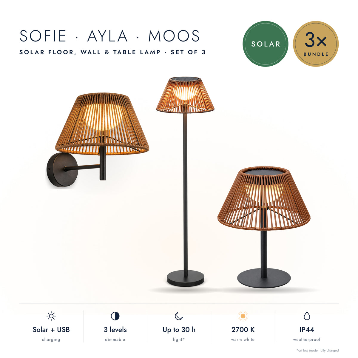 3-Delige Set: Solar Stalamp SOFIE, Wandlamp AYLA & Tafellamp MOOS